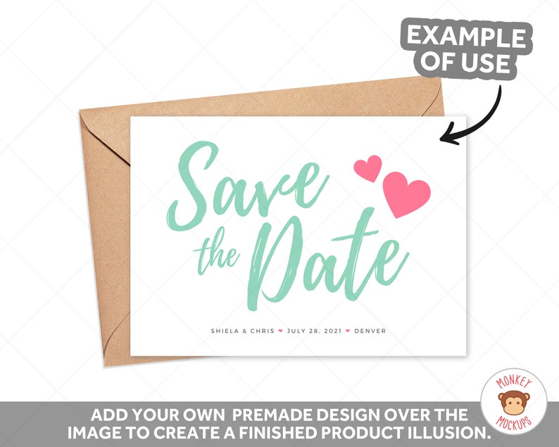 May include: A white card with the words "Save the Date" in a teal script font, with two pink hearts. The card is inside a brown envelope. The text "SHIELA & CHRIS JULY 28, 2021 DENVER" is below the main text.
