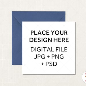 Square Greeting Card Mockup, White Card with Blue Envelope Mock Up, PSD Mockup Smart Object, JPEG PNG Instant Download, Wedding Mockup