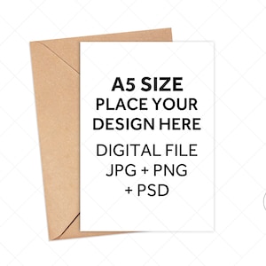 A5 tarjeta de felicitación Mockup, invitación Mockup, PNG JPG PSD Kraft Envelope Mockup fondo blanco, digital Photo Psd Mockup con objeto inteligente