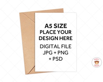 A5 Grußkarte Mockup, Einladung Mockup, PNG JPG PSD Kraft Umschlag Mockup weißen Hintergrund, digitale Foto Psd Mockup mit Smart-Objekt