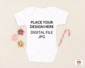 Bodysuit Mockup Baby Christmas, One Piece Mockup, White Baby Mockup Shirt, Nursery Mockup Kids, Digital Download JPG Styled Stock Photo