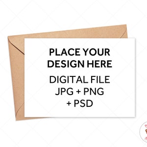 May include: A white rectangular card with the text "PLACE YOUR DESIGN HERE DIGITAL FILE JPG + PNG + PSD" is placed on a brown envelope. The card is a mockup for digital design presentations. A small logo of a monkey is in the bottom right corner.