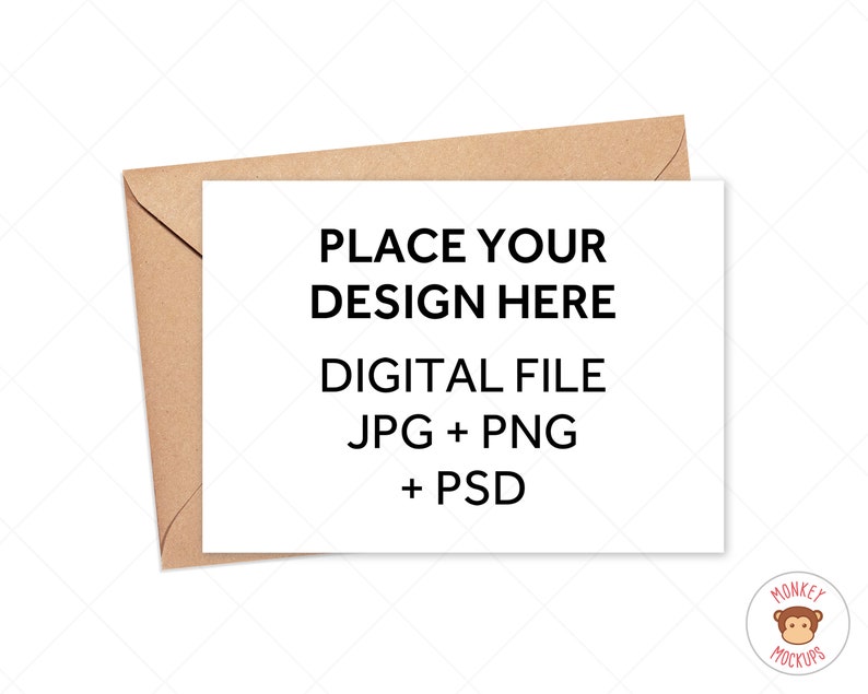 May include: A white rectangular card with the text "PLACE YOUR DESIGN HERE DIGITAL FILE JPG + PNG + PSD" is placed on a brown envelope. The card is a mockup for digital design presentations. A small logo of a monkey is in the bottom right corner.