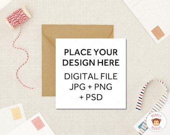 Square Greeting Card Mockup - Stationery Mockup - Invitation Mockup - Kraft Envelope Mockup -  JPEG PNG PSD Mockup Smart Object Card Mockup