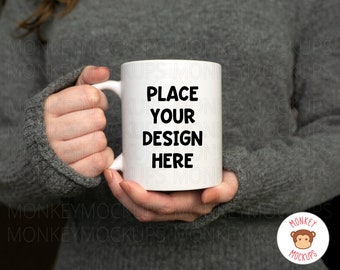 Woman Holding Mug Mockup - 11 oz Coffee Mug Mockup -  JPEG Instant Download - White Mug Photo