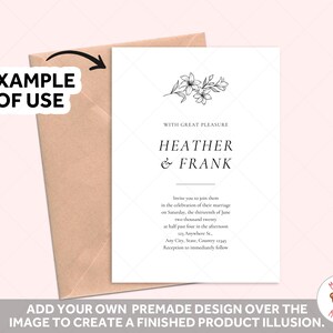 May include: A mockup of a wedding invitation with a floral design and the names "Heather & Frank." The invitation is white with black text and is paired with a tan envelope. The text "EXAMPLE OF USE" is in the upper left corner.