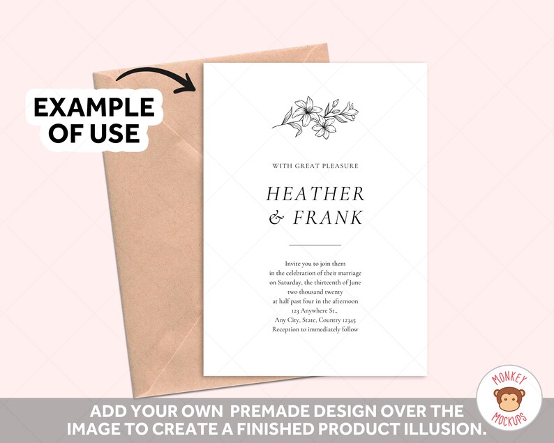 May include: A mockup of a wedding invitation with a floral design and the names "Heather & Frank." The invitation is white with black text and is paired with a tan envelope. The text "EXAMPLE OF USE" is in the upper left corner.