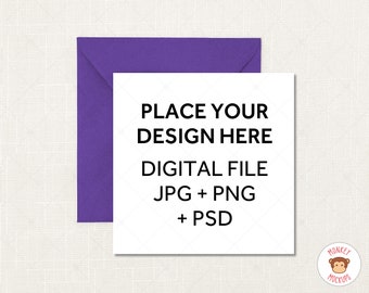 Square Greeting Card Mockup, White Card with Purple Envelope Mock Up, PSD Mockup Smart Object, JPEG PNG Instant Download, Invitation Mockup