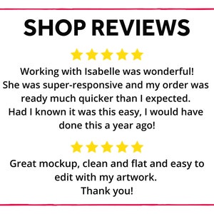 May include: A white background with a red border displays the text "SHOP REVIEWS" in bold black letters. Below, customer feedback includes positive comments and five gold star ratings. The text praises the seller's responsiveness and the quality of the product.