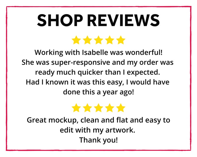 May include: A white background with a red border displays the text "SHOP REVIEWS" in bold black letters. Below, customer feedback includes positive comments and five gold star ratings. The text praises the seller's responsiveness and the quality of the product.