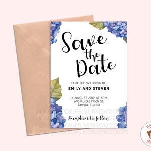 May include: A wedding invitation with the text "Save the Date" in black script, surrounded by watercolor blue hydrangea flowers and green leaves. The invitation includes the names Emily and Steven, date, time, and location, with a tan envelope.