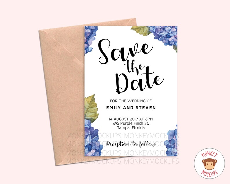May include: A wedding invitation with the text "Save the Date" in black script, surrounded by watercolor blue hydrangea flowers and green leaves. The invitation includes the names Emily and Steven, date, time, and location, with a tan envelope.