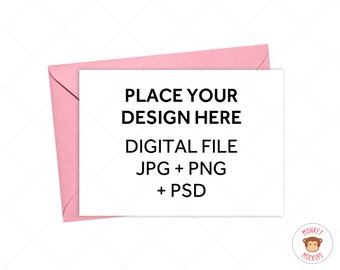 Greeting Card Mockup, Invitation Mockup, PNG JPG PSD Pink Envelope Mockup White Background, Digital Photo Psd Mockup with Smart Object