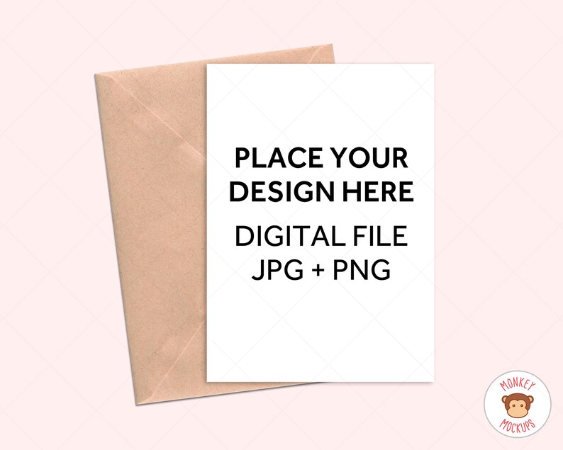 May include: A mockup featuring a white card with the text "PLACE YOUR DESIGN HERE DIGITAL FILE JPG + PNG" and a brown envelope. The card is positioned in front of the envelope, with a pink background and a small logo in the bottom right corner.