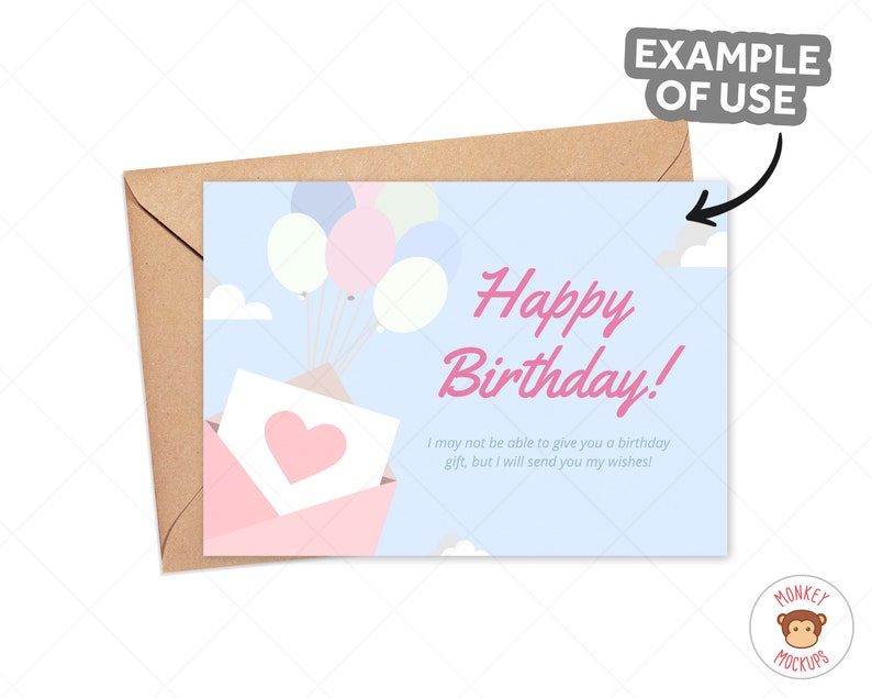 May include: A birthday card with a light blue backdrop, displaying the text "Happy Birthday!" in pink. The card features illustrations of balloons, clouds, and an envelope with a heart. The card is placed inside a brown envelope.