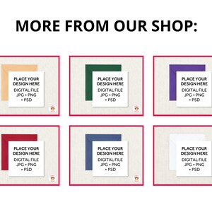May include: An image showcasing six digital file templates with coloured borders: orange, green, purple, red, blue, and white. Each template displays the text "PLACE YOUR DESIGN HERE" and file type information.