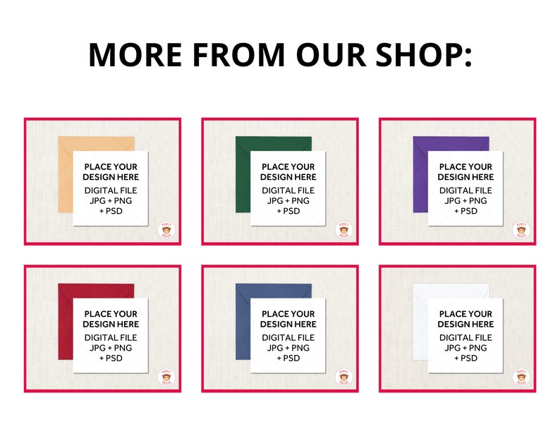 May include: An image showcasing six digital file templates with coloured borders: orange, green, purple, red, blue, and white. Each template displays the text "PLACE YOUR DESIGN HERE" and file type information.