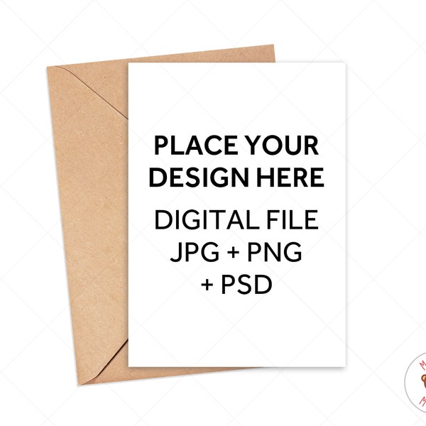 Greeting Card Mockup, Invitation Mockup, PNG JPG PSD Kraft Envelope Mockup White Background, Digital Photo Psd Mockup with Smart Object
