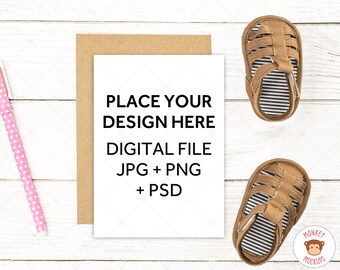 Greeting Card Mockup, 5x7 Invitation Mockup Baby Shoes, Baby Mockup, JPEG PNG file, Card Envelope Mockup