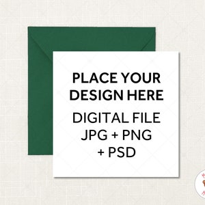 Square Greeting Card Mockup, White Card with Green Envelope Mock Up, PSD Mockup Smart Object, JPEG PNG Instant Download, Wedding Mockup