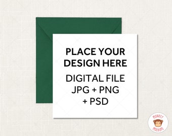 Square Greeting Card Mockup, White Card with Green Envelope Mock Up, PSD Mockup Smart Object, JPEG PNG Instant Download, Wedding Mockup