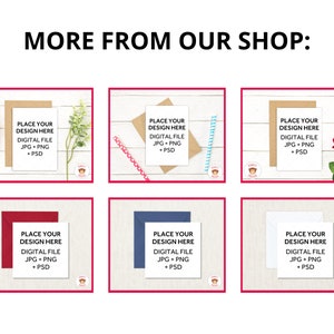 May include: An image showcasing six framed mockups, each displaying a white card with the text "PLACE YOUR DESIGN HERE DIGITAL FILE JPG + PNG + PSD". The frames are red, brown, blue, and white, with floral and decorative elements.