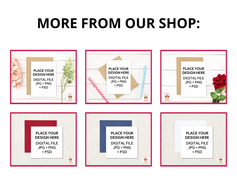 May include: An image showcasing six framed mockups, each displaying a white card with the text "PLACE YOUR DESIGN HERE DIGITAL FILE JPG + PNG + PSD". The frames are red, brown, blue, and white, with floral and decorative elements.