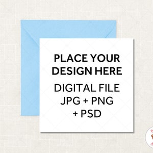 Quadrato biglietto d'auguri Mockup, carta bianca con luce blu busta Mock Up, PSD Mockup Smart Object, JPEG PNG Instant Download, Matrimonio Mockup