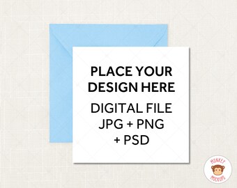 Square Greeting Card Mockup, White Card with Light Blue Envelope Mock Up, PSD Mockup Smart Object, JPEG PNG Instant Download, Wedding Mockup