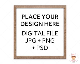 Square Frame Mockup - Minimal Wood Sign Mockup for Wall Art, Poster Mock up - Instant Download PSD PNG JPG, Smart Object Mockup