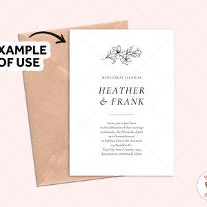 May include: A wedding invitation with a floral design and the names "Heather & Frank" printed on white cardstock. The invitation is placed inside a tan envelope. The text "EXAMPLE OF USE" is in the upper left corner.