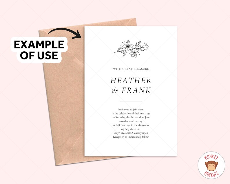 May include: A wedding invitation with a floral design and the names "Heather & Frank" printed on white cardstock. The invitation is placed inside a tan envelope. The text "EXAMPLE OF USE" is in the upper left corner.