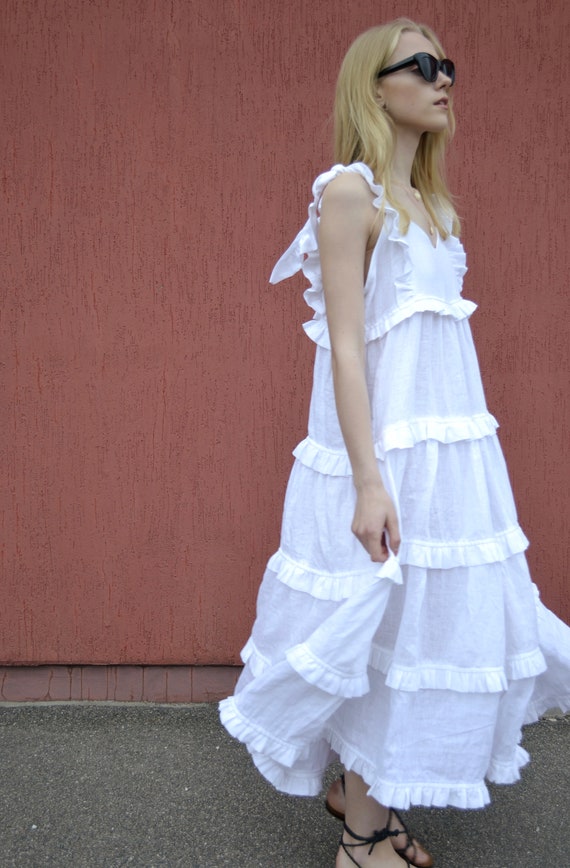 white linen ruffle dress