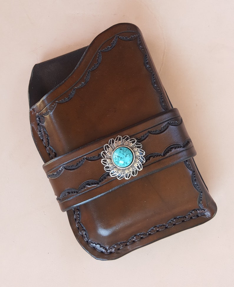 Custom Sized Mexican Loop Cell Phone Holster Turquoise Feather