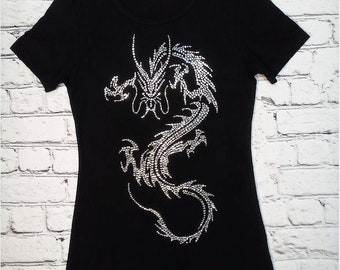 Women Fashion Tee Bling Tops - Rhinestone Dragon T Shirt