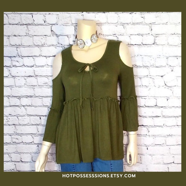 Women Tops -  Long Sleeve Cold Shoulder Top / Olive or  Black