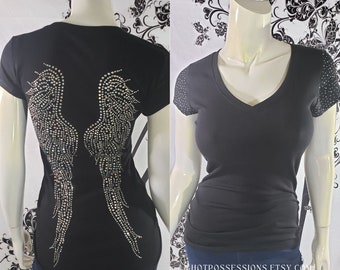 Women Fashion Tee Bling Top - Amazing Angels Rhinestone Wings