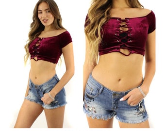 Junior Crop Top Velvet Lace up