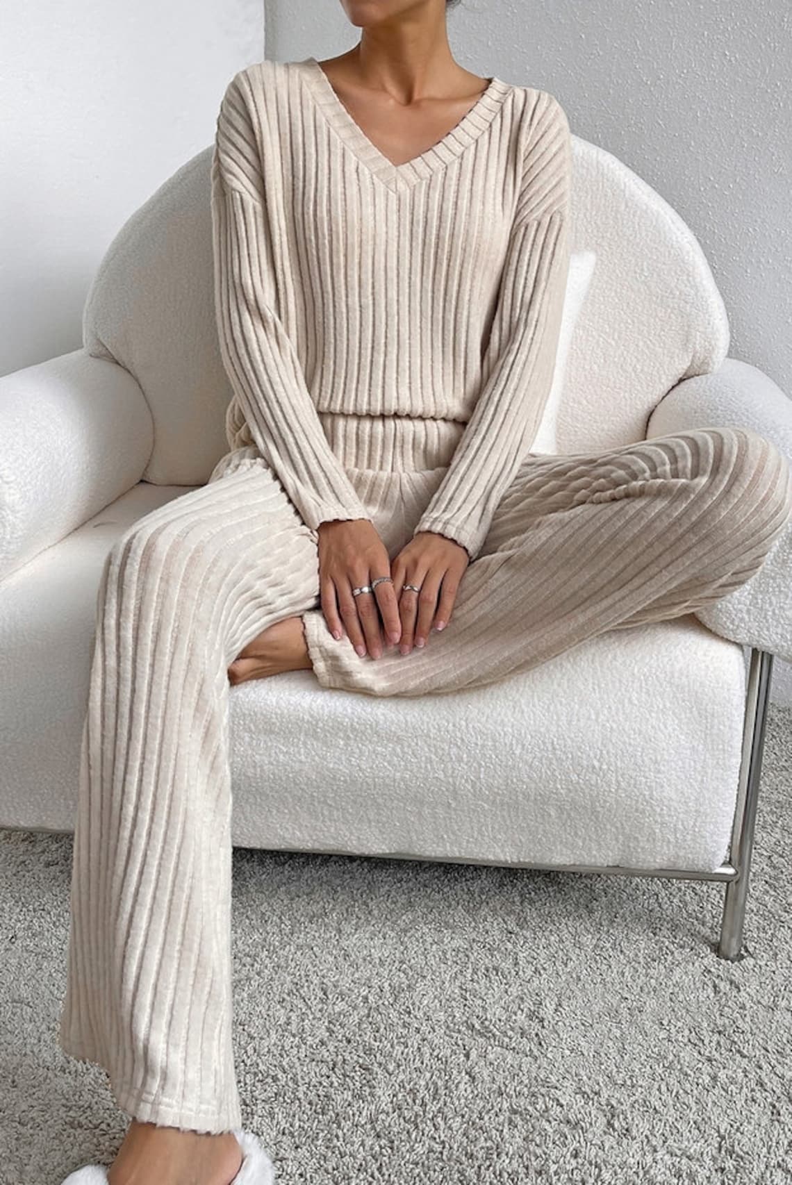 Women’s Ribbed Knit V‑Neck Tee & Shorts Lounge Set