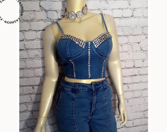 Women Junior Denim Top Jeweled