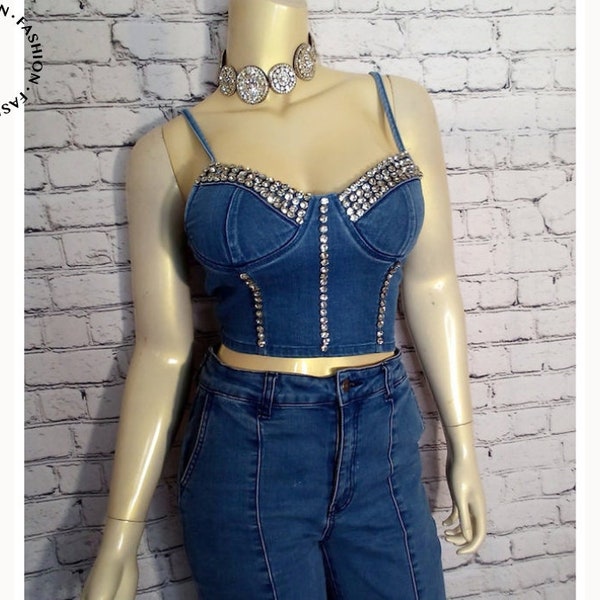 Women Junior Denim Top Jeweled