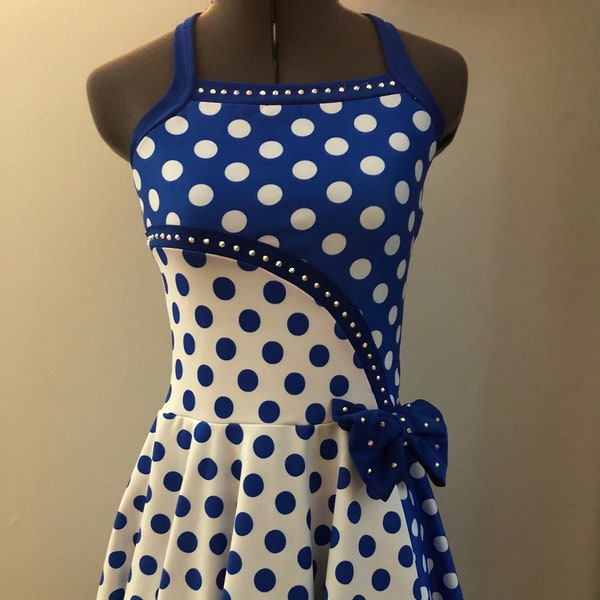 Blue White Polka Dot Dress Dance Costume, Rhinestones, Bow, Womens SMALL