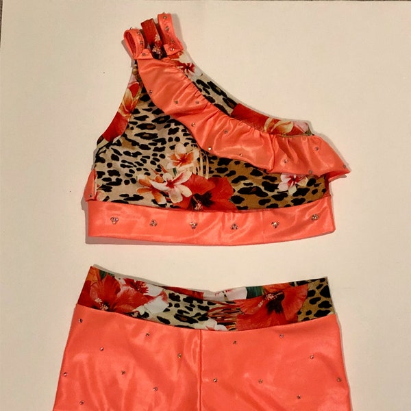 Ruffled Jungle Orange, One Shoulder Top AND Booty shorts, Dance Solo or Duet - Child LARGE - Top AND Booty Shorts