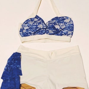 Off white & Blue Lace Dance Solo Costume / Audition Outfit - Womens Small- Halter Top AND Booty Shorts