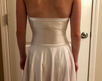 White solo dance costume, lyrical, womens XSMALL, dress, halter tie, rhinestoned, lined, circle skirt