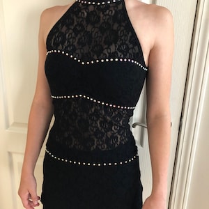Black with black lace overlay, rhinestones, dance solo costume, sweetheart neckline with lace overlay illusion, women&#39;s XSMALL, open back