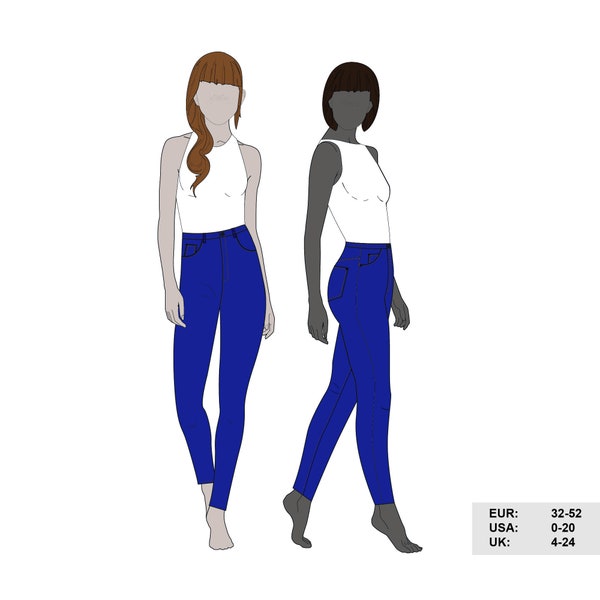 Lupin jeans is a high-waisted skinny jeans designed for stretch denim.| pdf sewing pattern, printable | size 0-20 US, EUR 32-52 UK 4-24