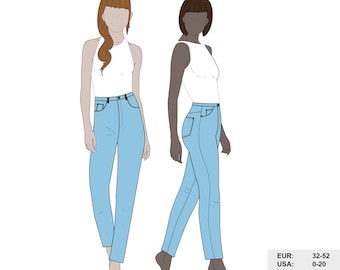 Petunia slim-cut jeans are designed for non-stretch denim.| pdf sewing pattern, printable | size 0-20 US, EUR 32-52 UK 4-24