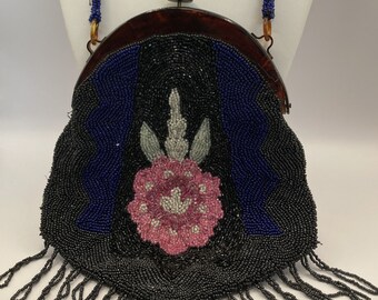 Antique Hand Beaded and Sewn Beaded Bag/Purse with Tortoise Shell Frame