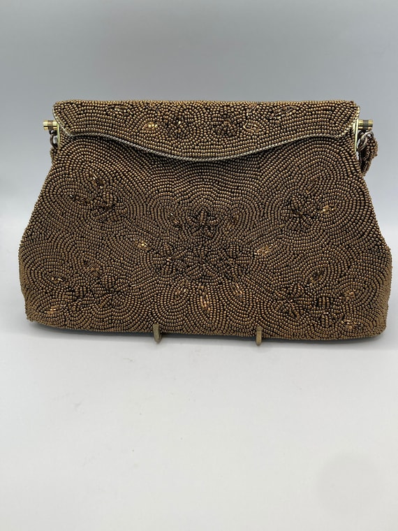 Exquisite Gold Tone Beaded Handbag with Beaded Han